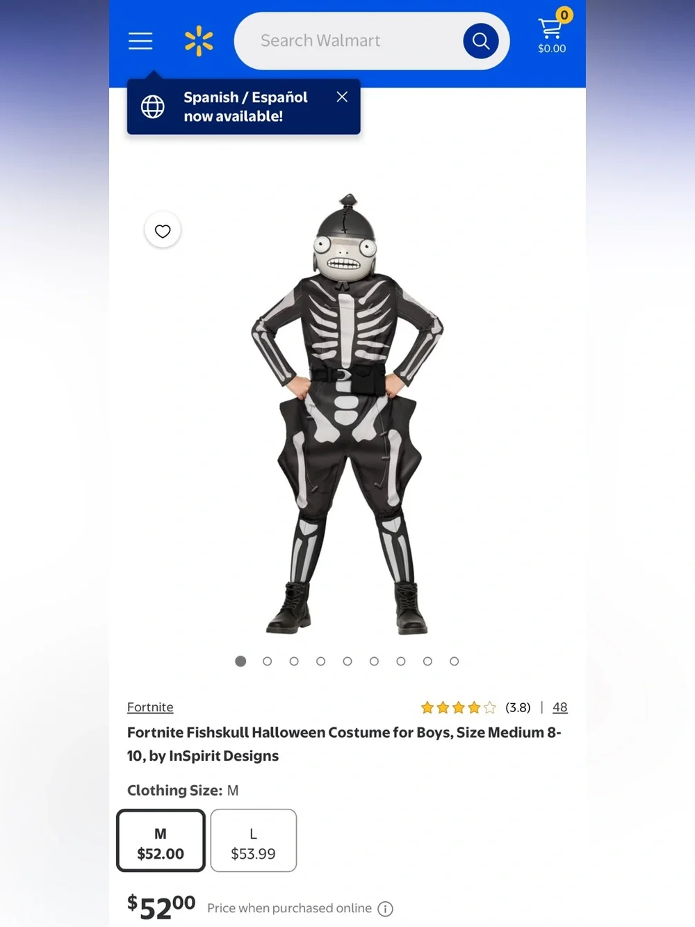 Fortnite Fishskull Youth Halloween Costume for Boys size M (8-10) NWT 3pcs set
